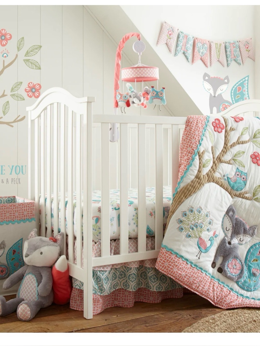 Levtex Coral, Teal & Gray Embroidered Animal Nursery Quilt